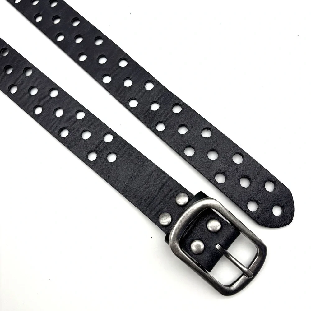 Vintage Y2K Black Genuine Leather Single Prong 3-row Holes Belt S/M Up to 36